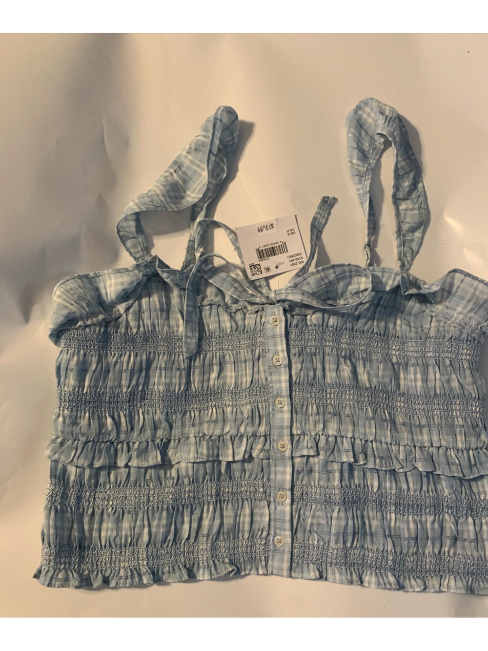 NWT American Eagle Blue Gingham Plaid  Smocked Ruffle Tie Tank Top Size S